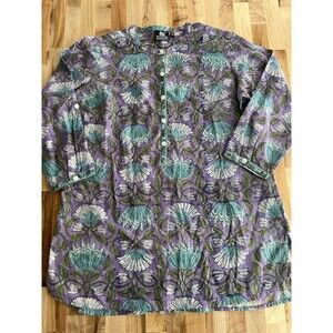 Madison Matthews Long Sleeve Tunic Top 100% Cotton Purple Floral Batik Boho XS